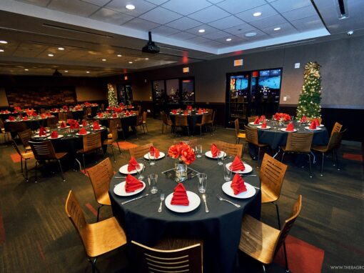 A photo of PINSTACK's private event room decorated with Christmas decorations