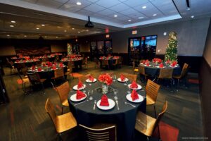 A photo of PINSTACK's private event room decorated with Christmas decorations